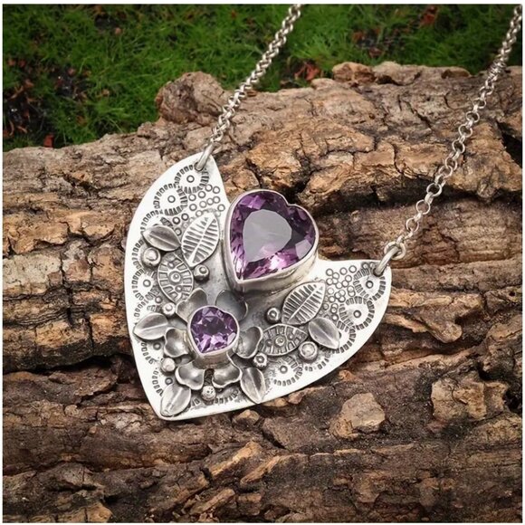 Heart Pendant Necklace With Violet Glass Gemstones & Intricate Floral Detailing - Picture 2 of 3